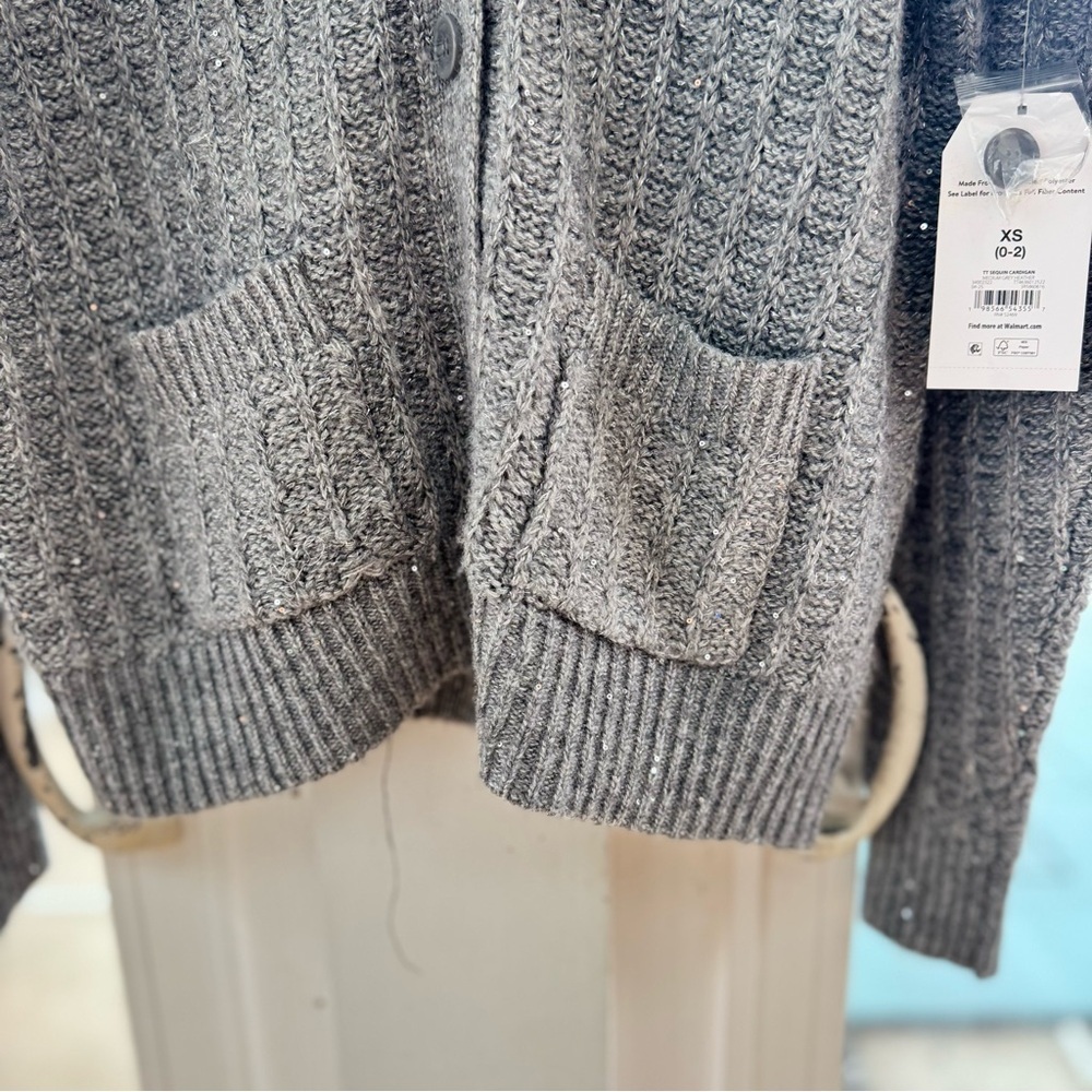 Time and Tru Women's XS Gray Heather Sequin Button Front Pocket Cardigan Sweater - Picture 8 of 13